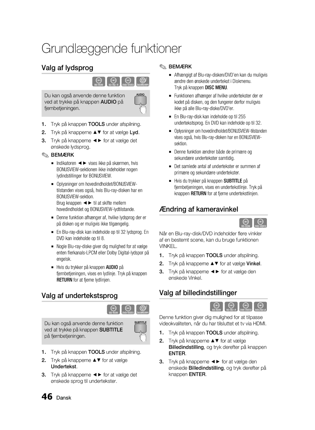 Samsung BD-C5500/XEE manual Valg af lydsprog, Ændring af kameravinkel, Valg af undertekstsprog, Valg af billedindstillinger 