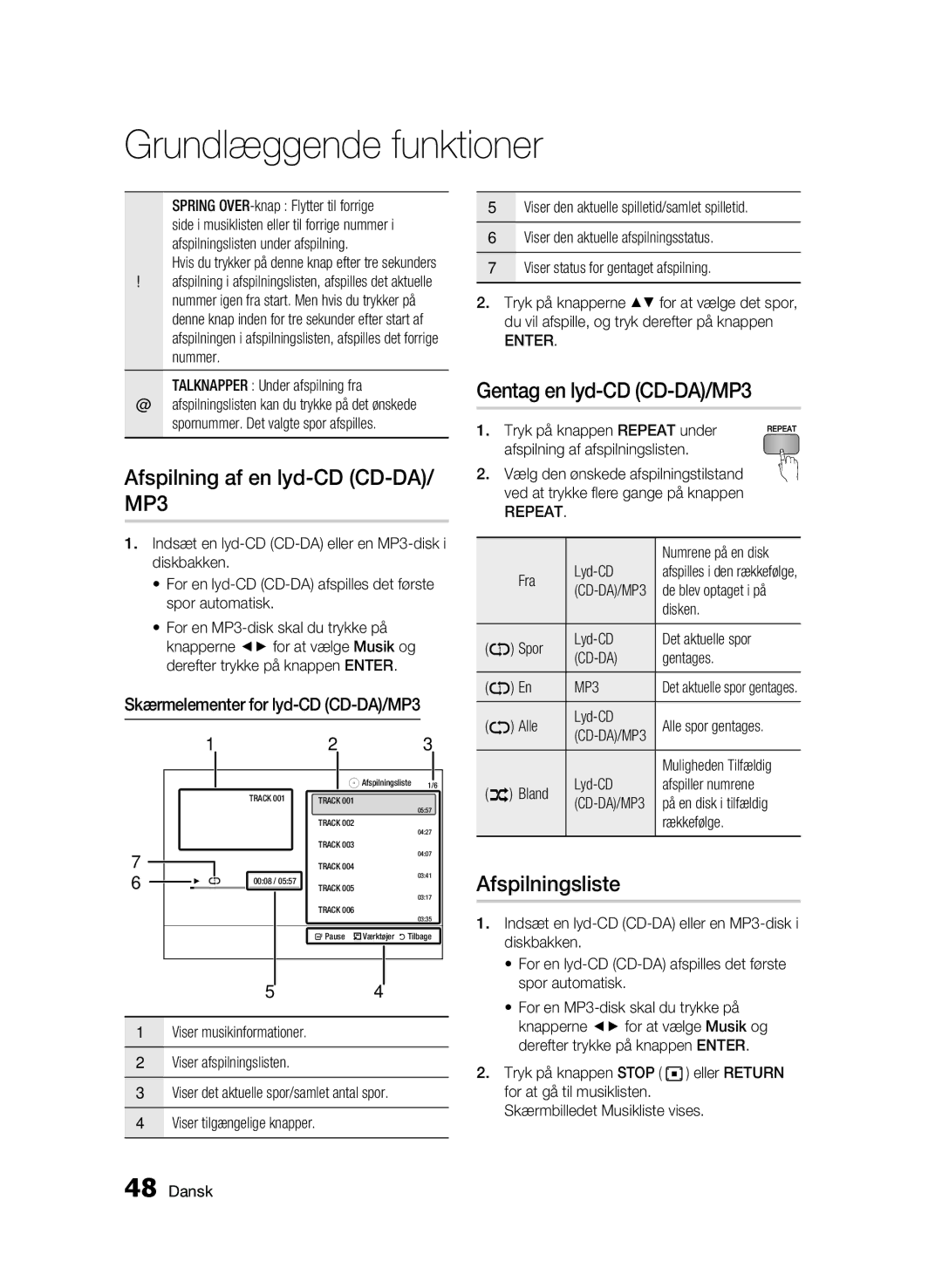 Samsung BD-C5500/XEE manual Afspilning af en lyd-CD CD-DA/ MP3, Gentag en lyd-CD CD-DA/MP3, Afspilningsliste 