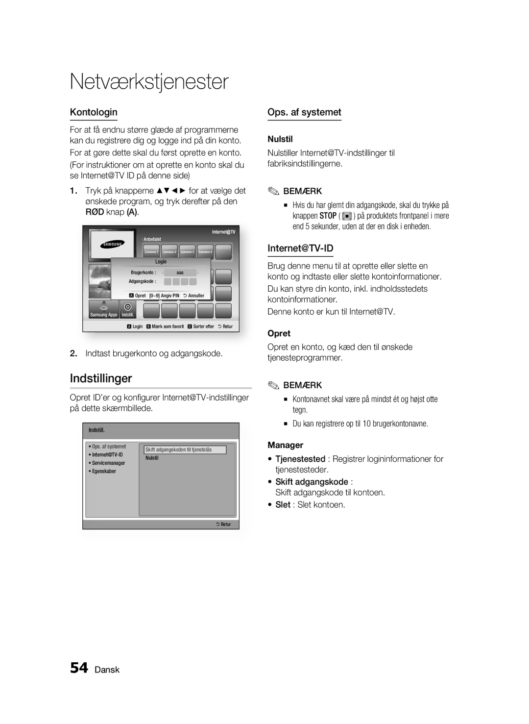 Samsung BD-C5500/XEE manual Indstillinger, Kontologin, Ops. af systemet, Internet@TV-ID 