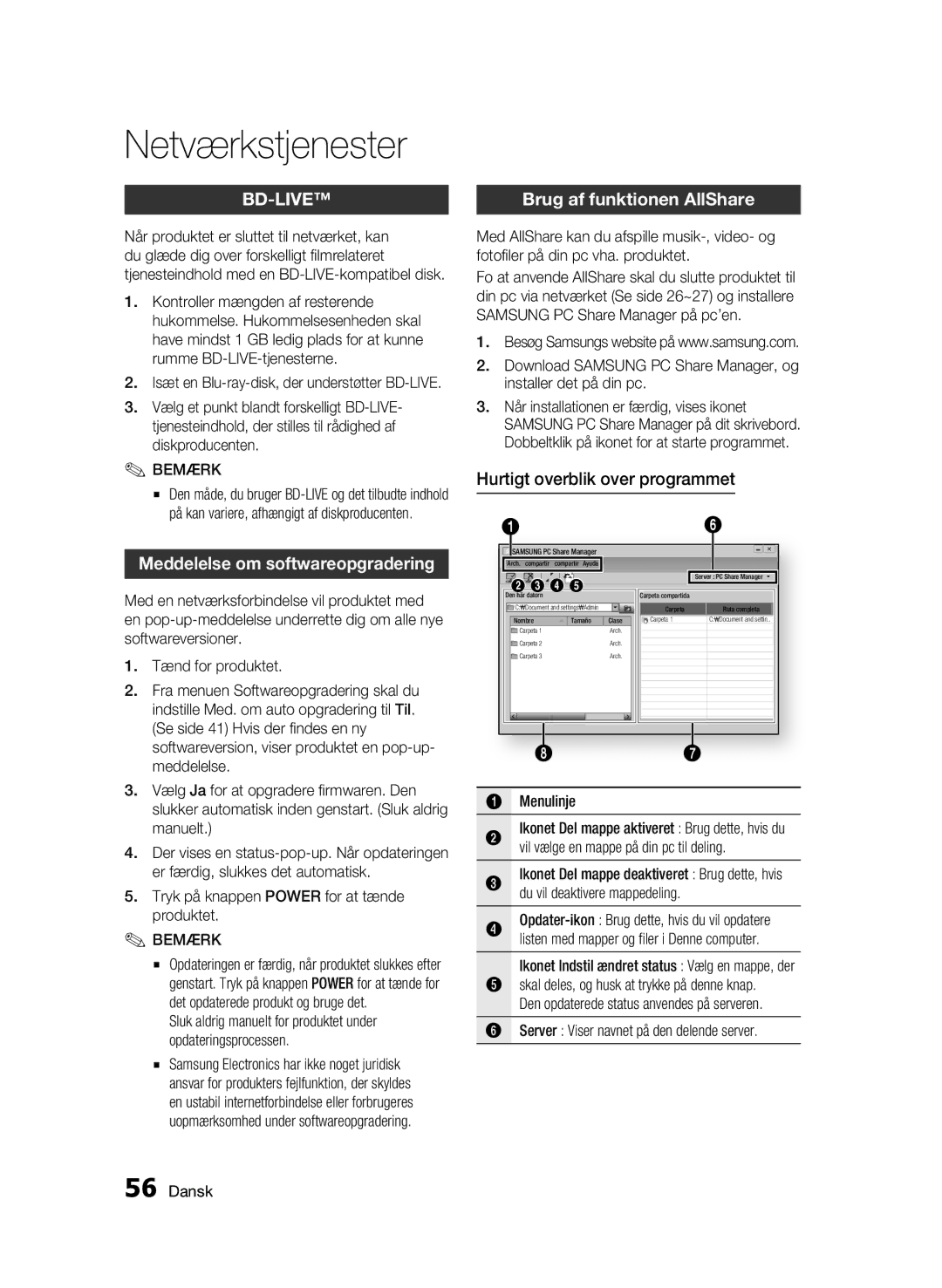 Samsung BD-C5500/XEE Meddelelse om softwareopgradering, Brug af funktionen AllShare, Hurtigt overblik over programmet 