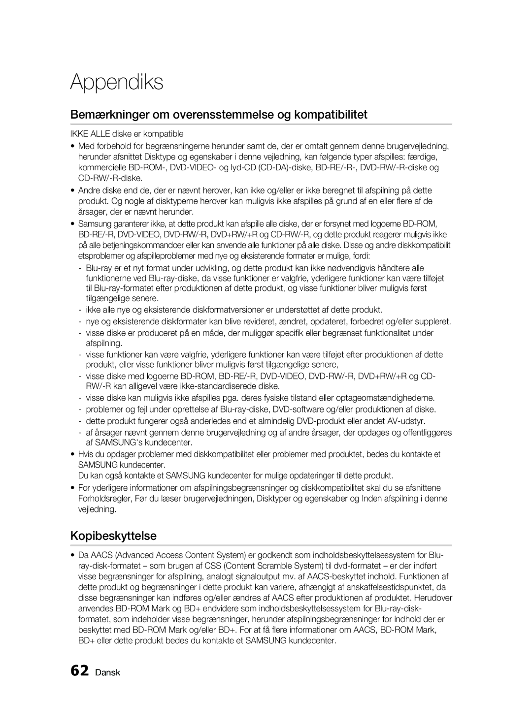 Samsung BD-C5500/XEE manual Bemærkninger om overensstemmelse og kompatibilitet, Kopibeskyttelse 