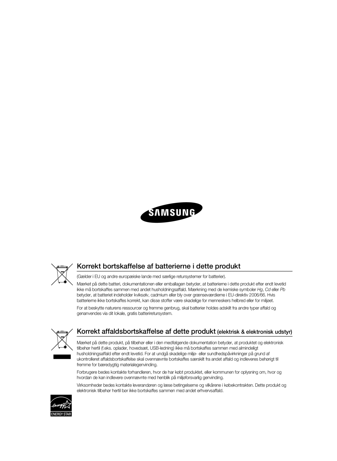 Samsung BD-C5500/XEE manual Korrekt bortskaffelse af batterierne i dette produkt 