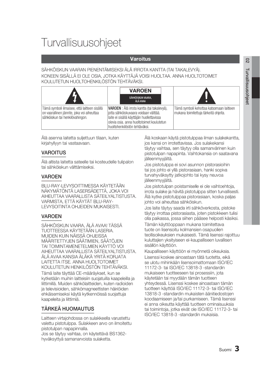 Samsung BD-C5500/XEE manual Turvallisuusohjeet, Varoitus, Mukana toimitettuja tärkeitä ohjeita 