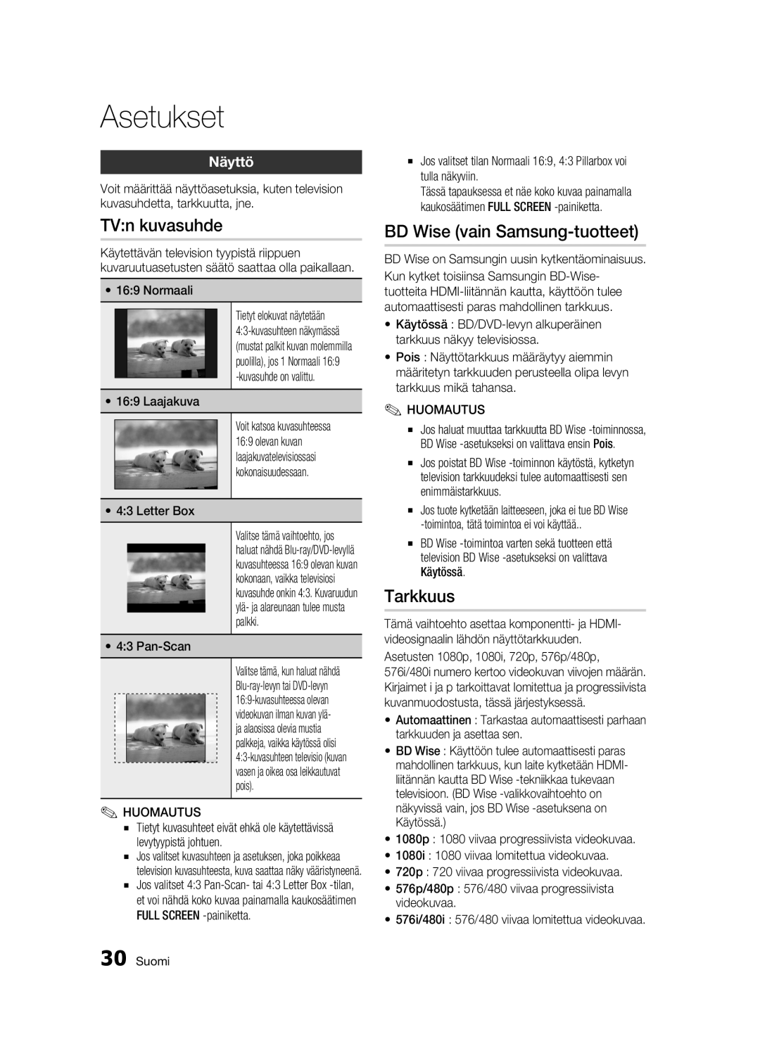 Samsung BD-C5500/XEE manual TVn kuvasuhde, BD Wise vain Samsung-tuotteet, Tarkkuus, Näyttö 