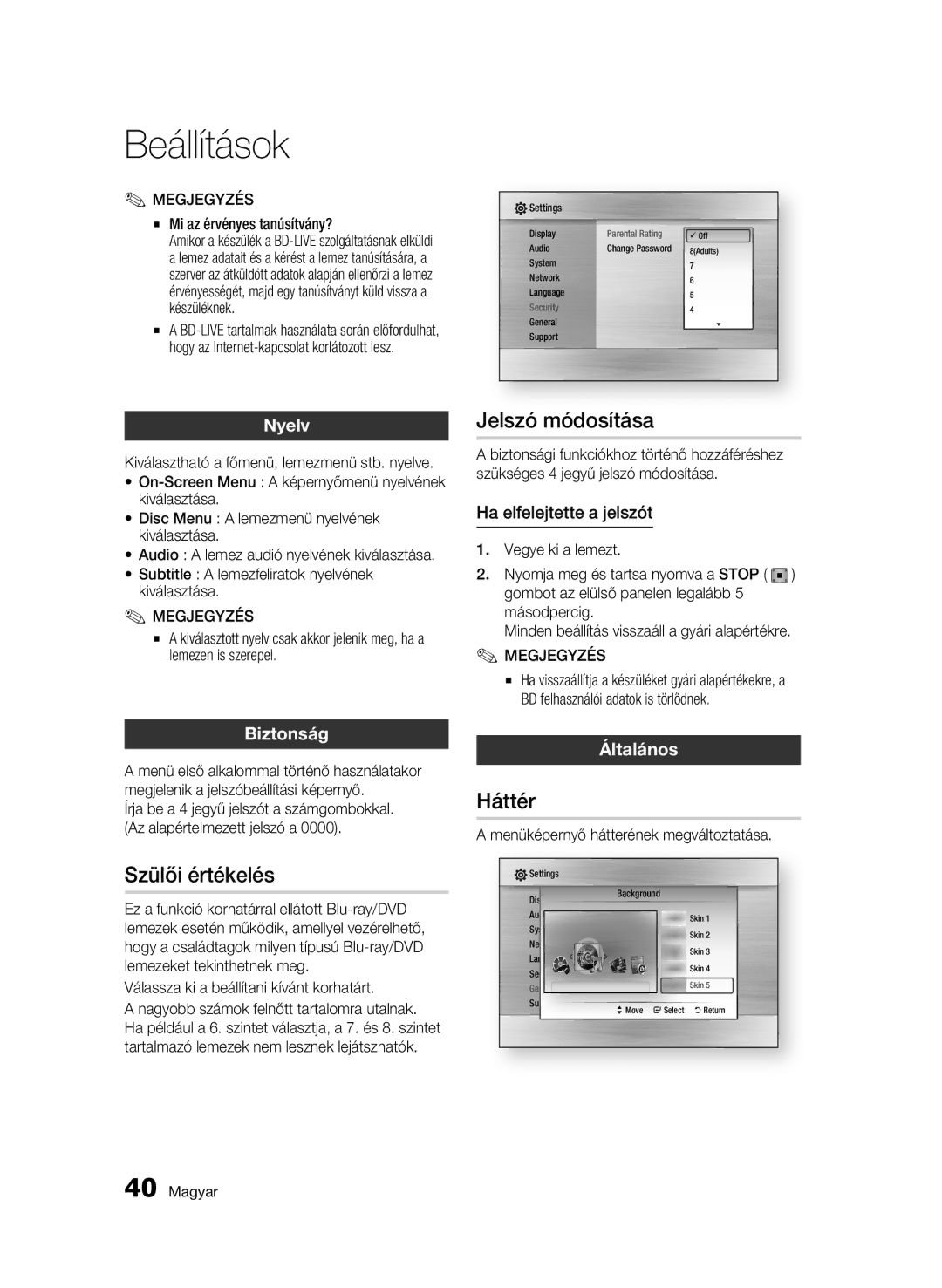 Samsung BD-C5500/XEF, BD-C5500/XEN, BD-C5500/EDC, BD-C5500/XAA, BD-C5500/XEE manual Jelszó módosítása, Háttér, Szülői értékelés 