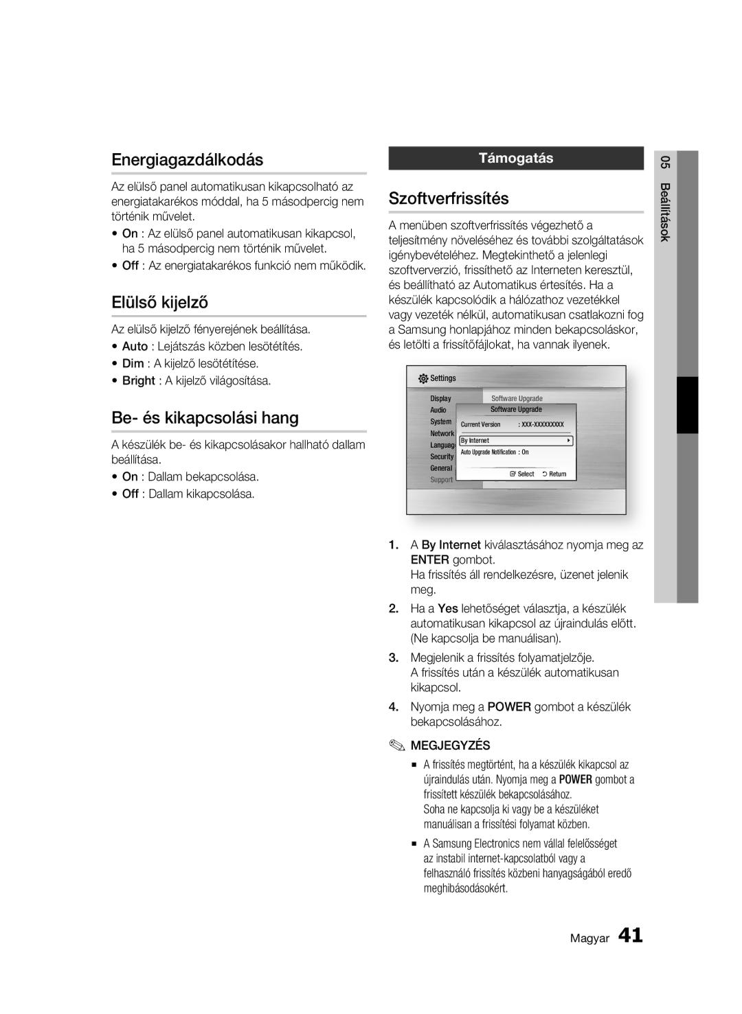 Samsung BD-C5500/XEE manual Energiagazdálkodás, Elülső kijelző, Be- és kikapcsolási hang, Szoftverfrissítés, Támogatás 