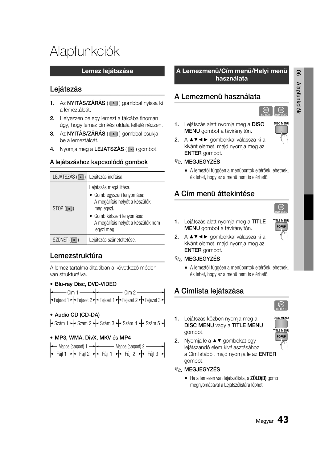 Samsung BD-C5500/EDC, BD-C5500/XEN, BD-C5500/XAA, BD-C5500/XEF, BD-C5500/XEE manual Alapfunkciók 