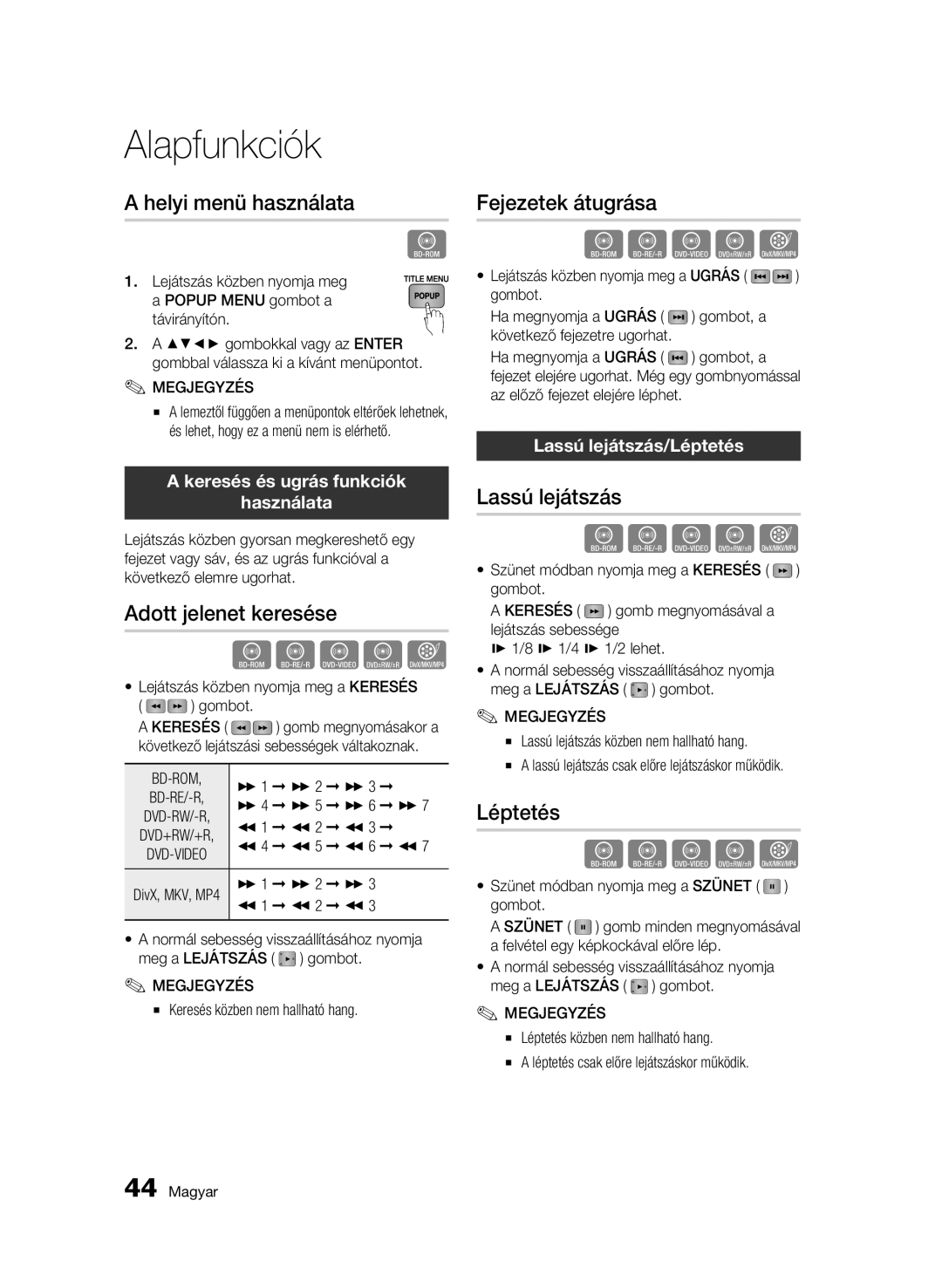 Samsung BD-C5500/XAA manual Helyi menü használata, Adott jelenet keresése, Fejezetek átugrása, Lassú lejátszás, Léptetés 