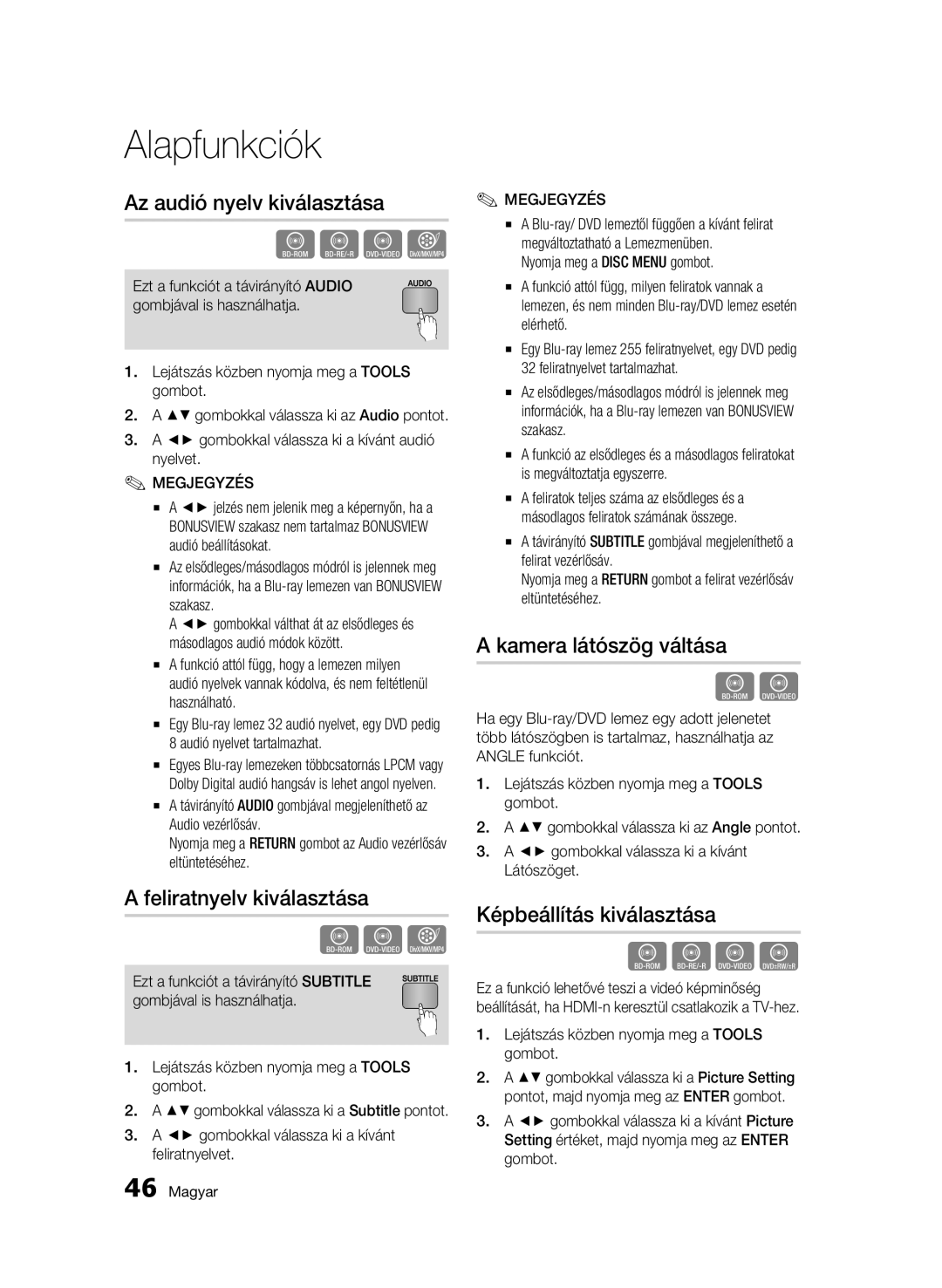 Samsung BD-C5500/XEE, BD-C5500/XEN manual Az audió nyelv kiválasztása, Feliratnyelv kiválasztása, Kamera látószög váltása 