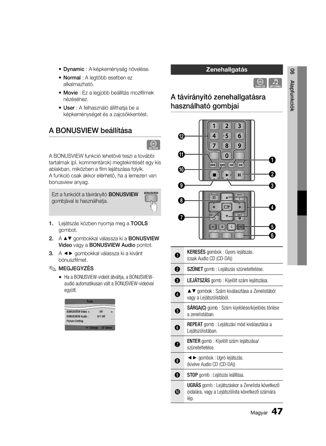 Samsung BD-C5500/XEN, BD-C5500/EDC, BD-C5500/XAA, BD-C5500/XEF, BD-C5500/XEE manual Bonusview beállítása, Zenehallgatás 