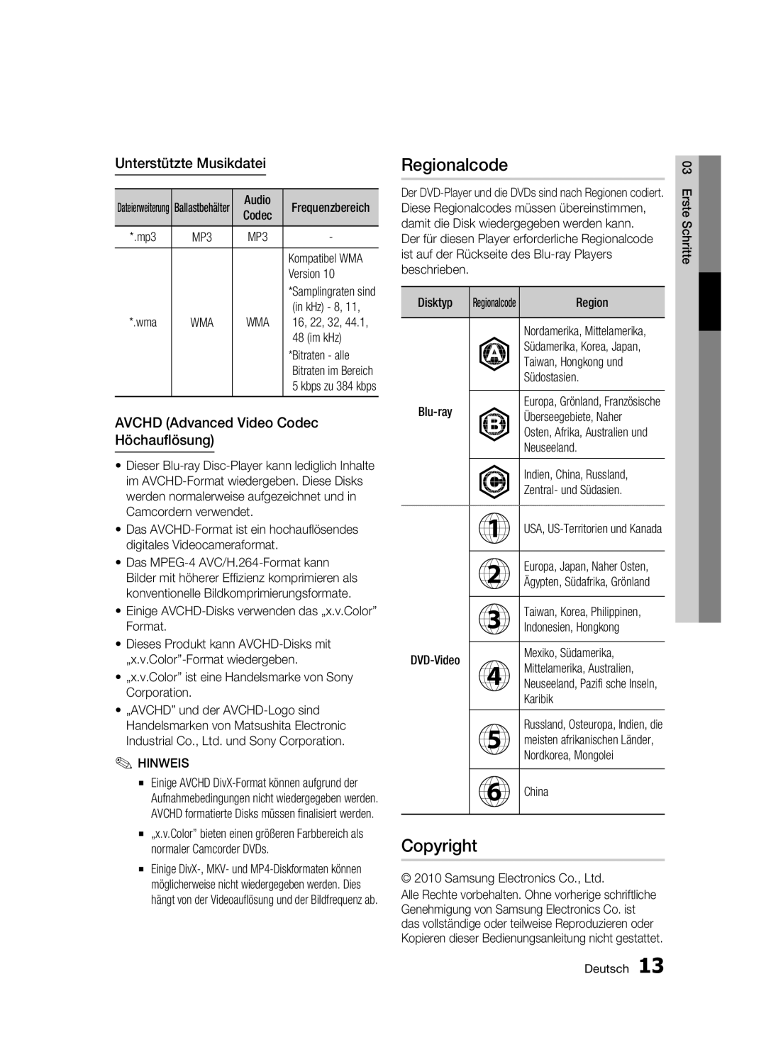 Samsung BD-C5500/XEE manual Regionalcode, Copyright, Unterstützte Musikdatei, Avchd Advanced Video Codec Höchauflösung 