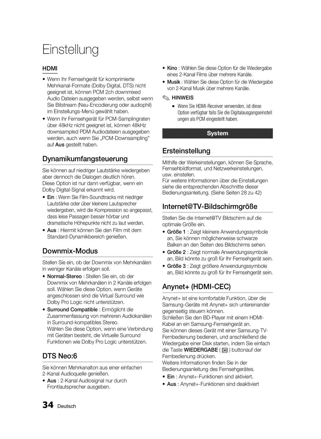 Samsung BD-C5500/XEN, BD-C5500/EDC Dynamikumfangsteuerung, Downmix-Modus, Ersteinstellung, Internet@TV-Bildschirmgröße 