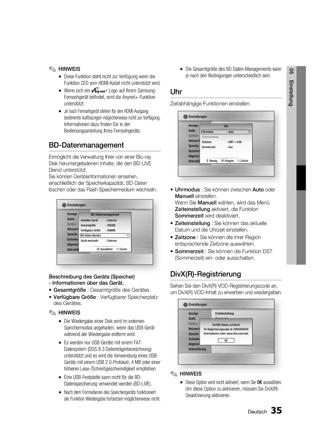 Samsung BD-C5500/EDC, BD-C5500/XEN manual BD-Datenmanagement, Uhr, DivXR-Registrierung, Zeitabhängige Funktionen einstellen 