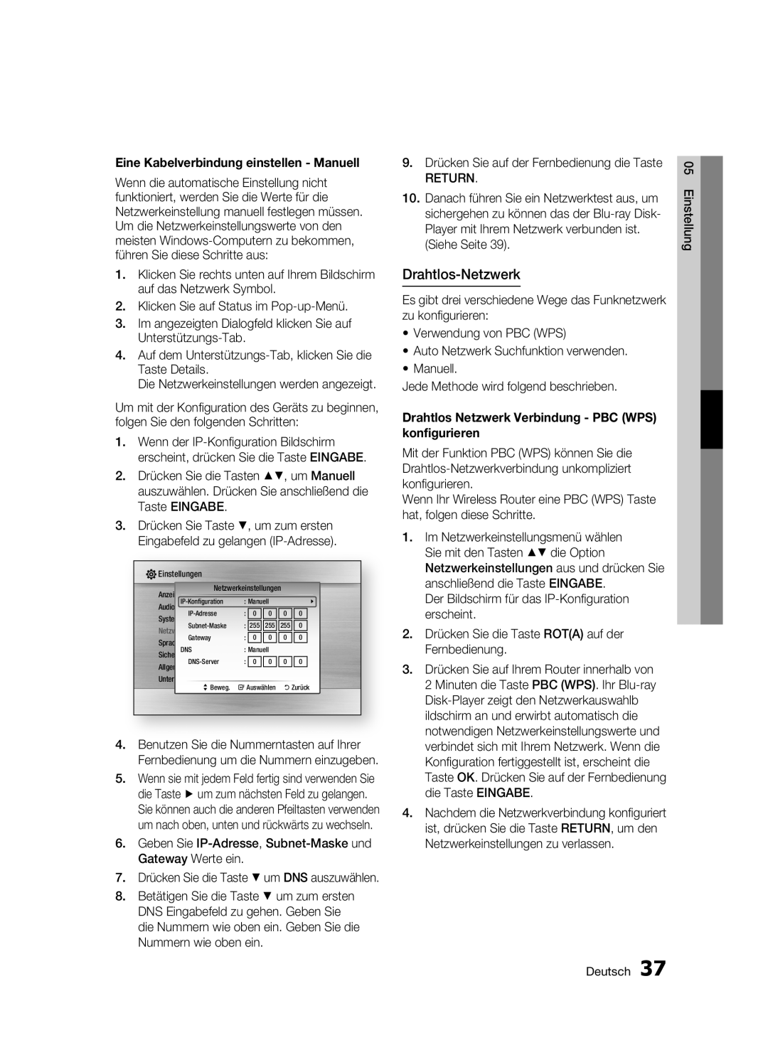 Samsung BD-C5500/XEF, BD-C5500/XEN, BD-C5500/EDC manual Drahtlos-Netzwerk, Eine Kabelverbindung einstellen Manuell, Return 