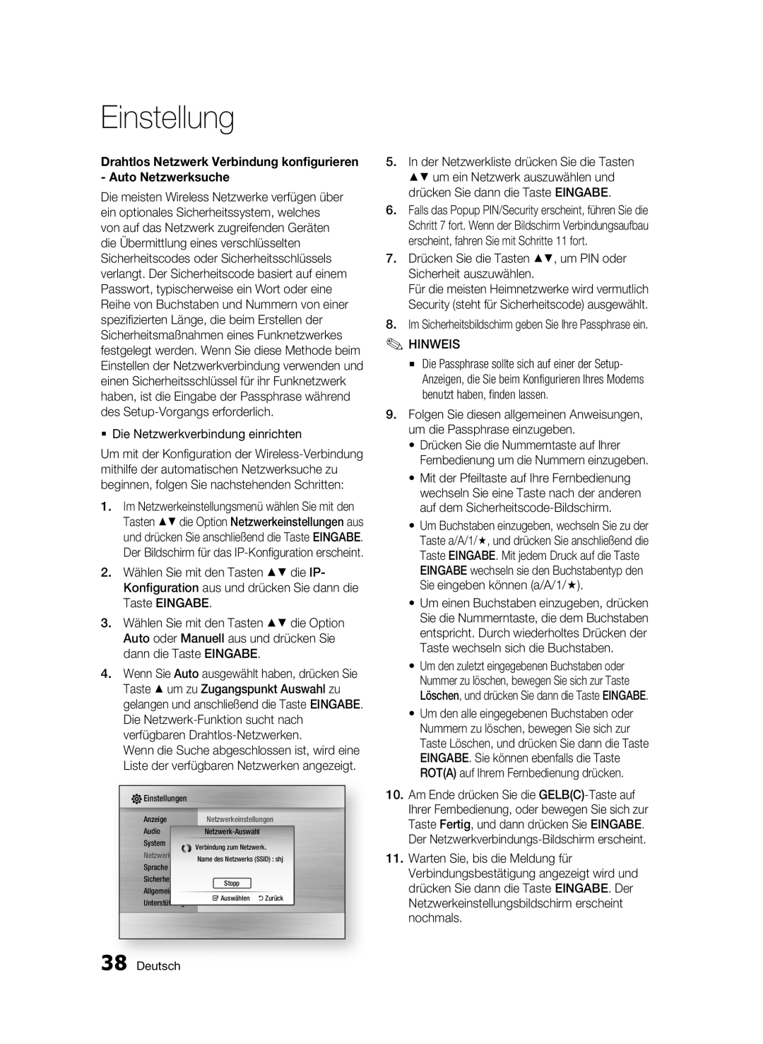 Samsung BD-C5500/XEE  Die Netzwerkverbindung einrichten, Drücken Sie die Tasten , um PIN oder Sicherheit auszuwählen 