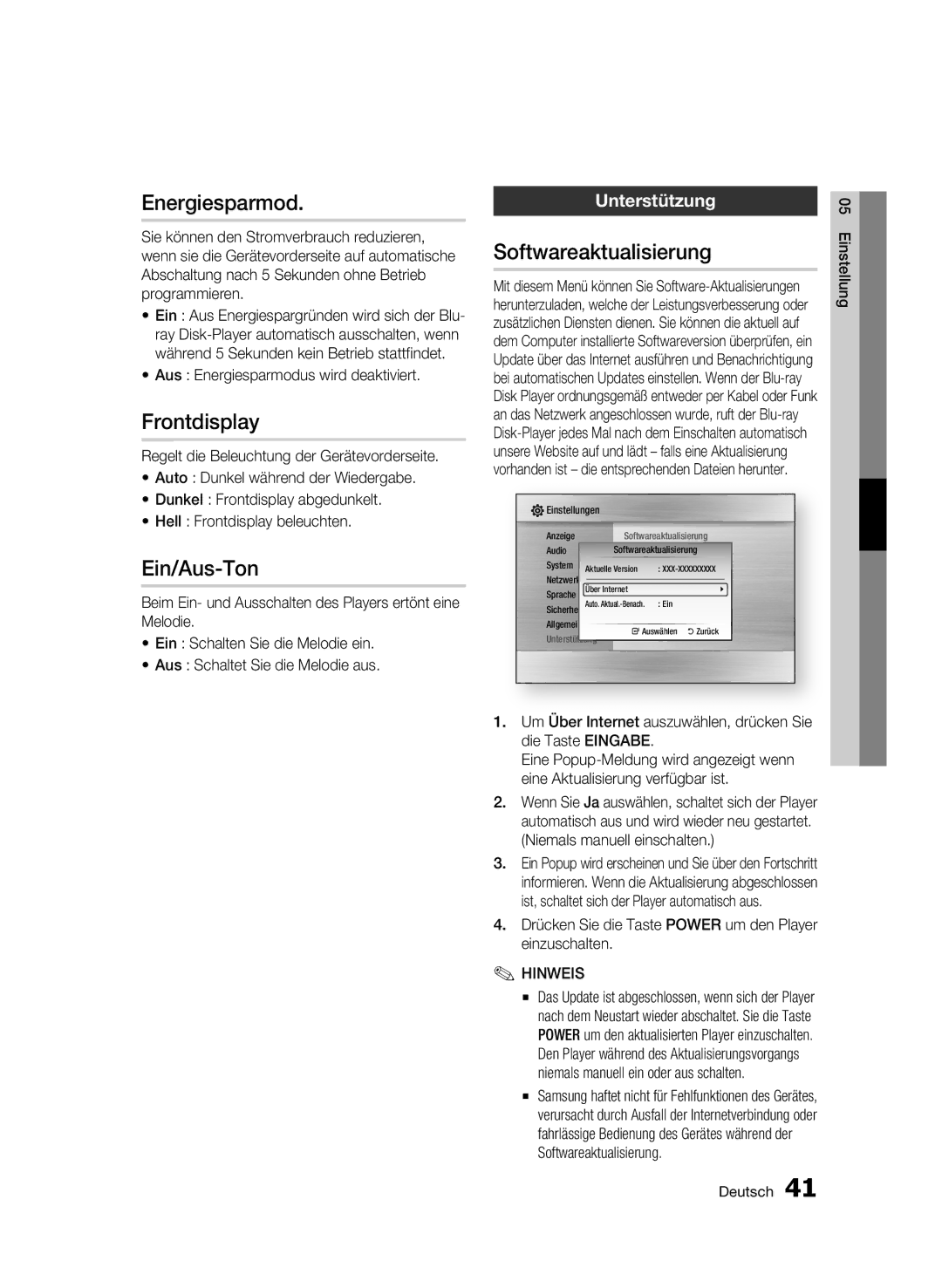 Samsung BD-C5500/XAA, BD-C5500/XEN manual Energiesparmod, Frontdisplay, Ein/Aus-Ton, Softwareaktualisierung, Unterstützung 