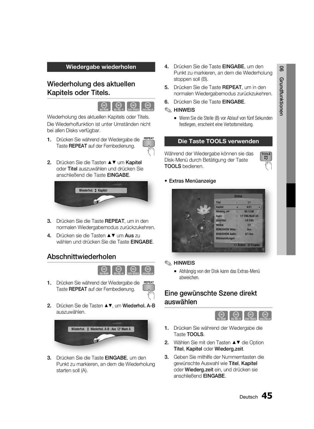 Samsung BD-C5500/EDC manual Wiederholung des aktuellen Kapitels oder Titels, Abschnittwiederholen, Wiedergabe wiederholen 