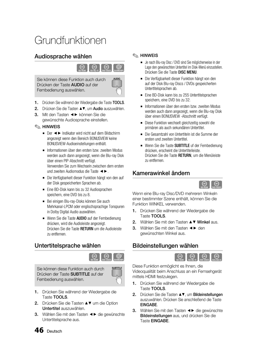 Samsung BD-C5500/XAA manual Audiosprache wählen, Untertitelsprache wählen, Kamerawinkel ändern, Bildeinstellungen wählen 