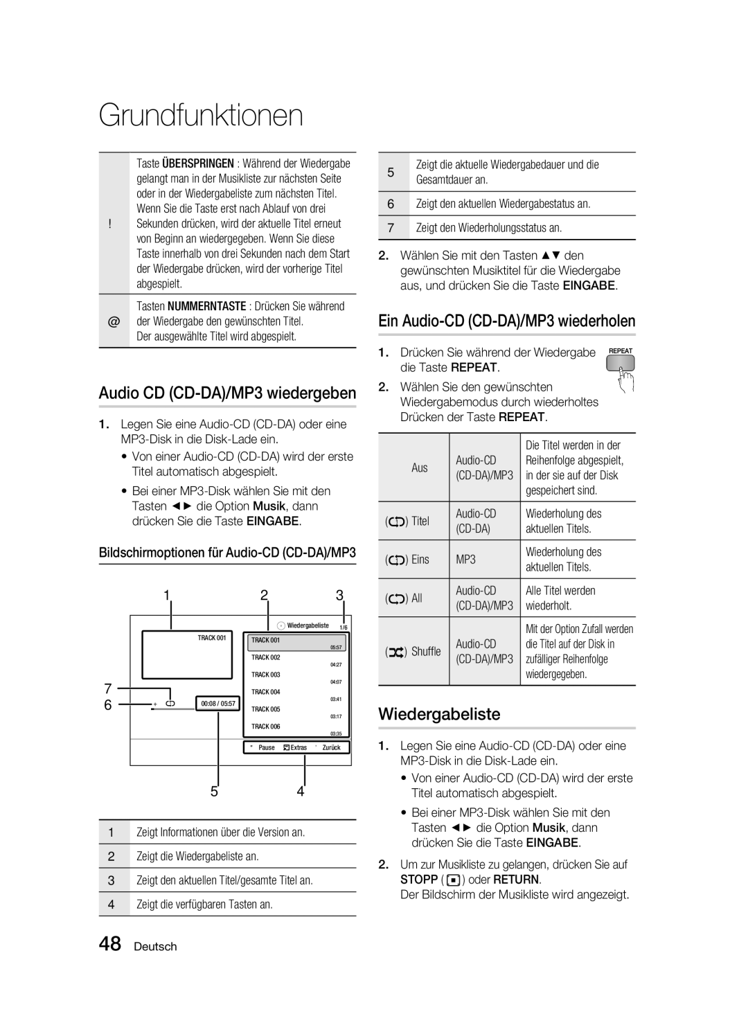 Samsung BD-C5500/XEE Ein Audio-CD CD-DA/MP3 wiederholen, Wiedergabeliste, Gesamtdauer an, Zeigt den Wiederholungsstatus an 