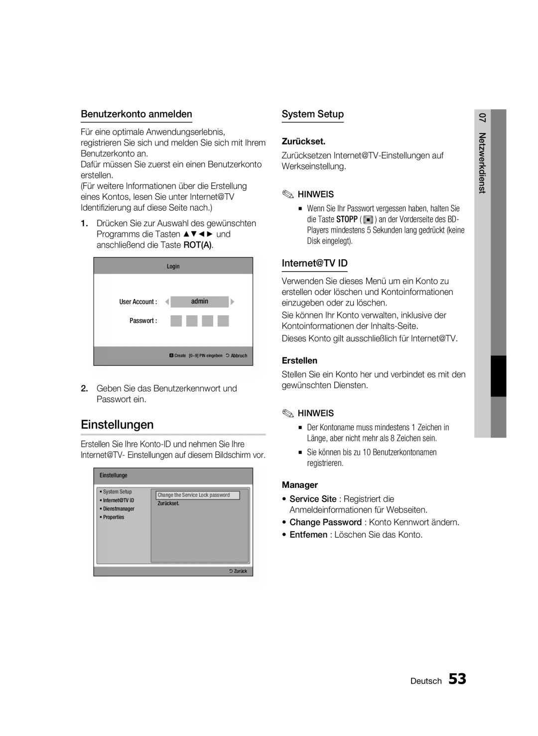 Samsung BD-C5500/XEE Einstellungen, Benutzerkonto anmelden, Geben Sie das Benutzerkennwort und Passwort ein, Zurückset 