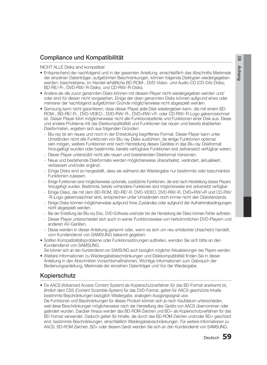 Samsung BD-C5500/XEN, BD-C5500/EDC manual Compliance und Kompatibilität, Kopierschutz, Nicht Alle Disks sind kompatibel 