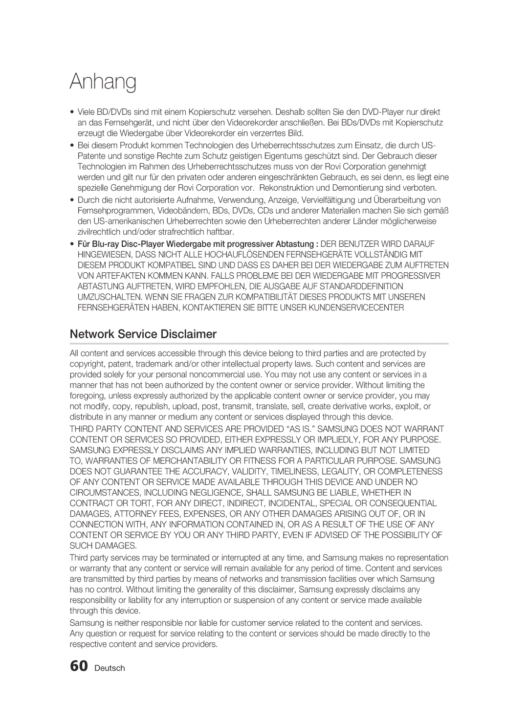 Samsung BD-C5500/EDC, BD-C5500/XEN, BD-C5500/XAA, BD-C5500/XEF, BD-C5500/XEE manual Network Service Disclaimer 