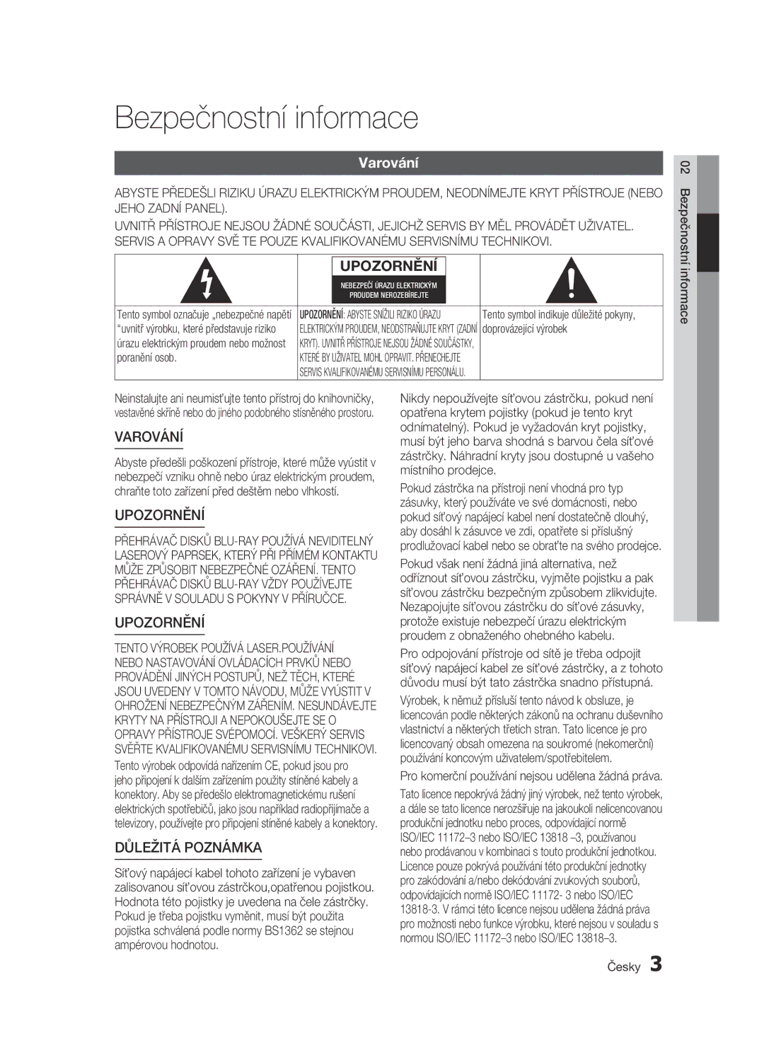 Samsung BD-C5500/XEF, BD-C5500/XEN, BD-C5500/EDC, BD-C5500/XAA, BD-C5500/XEE manual Bezpečnostní informace, Varování 