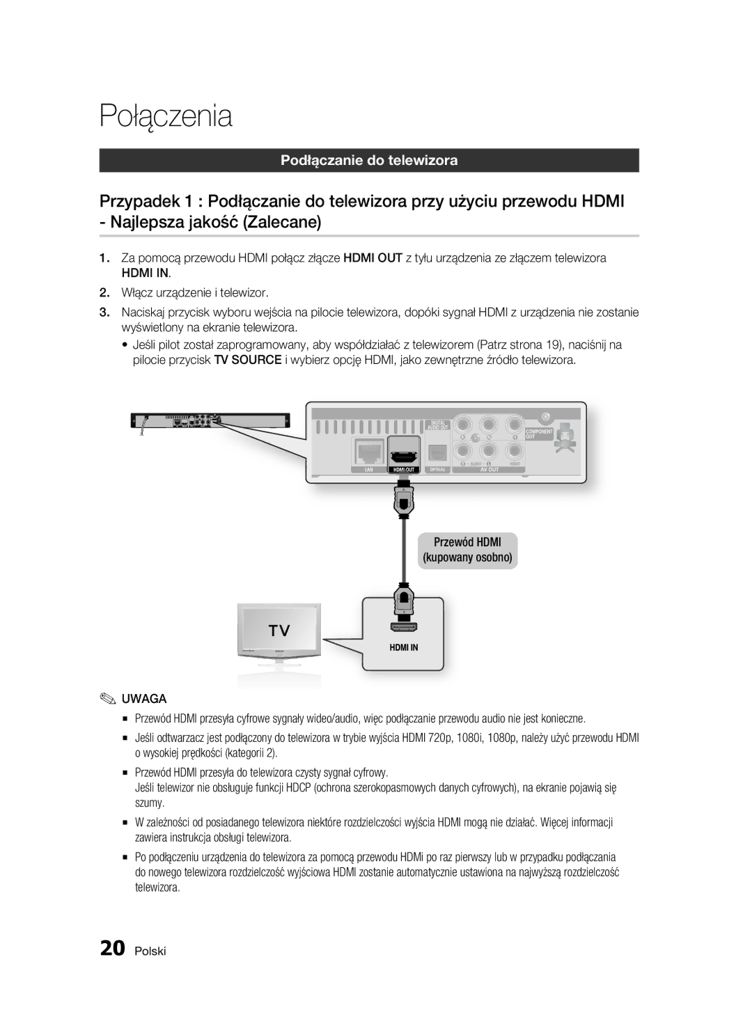 Samsung BD-C5500/XEN, BD-C5500/EDC, BD-C5500/XAA Połączenia, Podłączanie do telewizora, Przewód Hdmi Kupowany osobno 