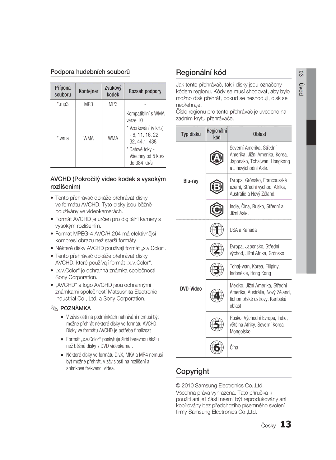 Samsung BD-C5500/XEF manual Regionální kód, Podpora hudebních souborů, Avchd Pokročilý video kodek s vysokým rozlišením 