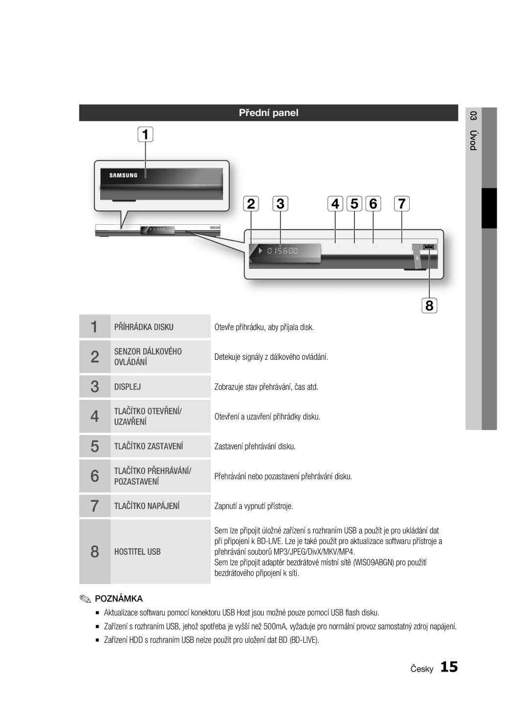 Samsung BD-C5500/XEN, BD-C5500/EDC, BD-C5500/XAA, BD-C5500/XEF, BD-C5500/XEE manual Přední panel, Pozastavení Tlačítko Napájení 