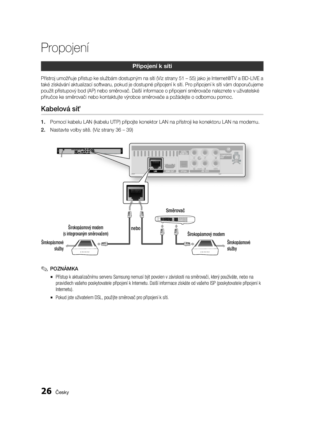 Samsung BD-C5500/EDC, BD-C5500/XEN, BD-C5500/XAA, BD-C5500/XEF, BD-C5500/XEE manual Kabelová síť, Připojení k síti, Služby 