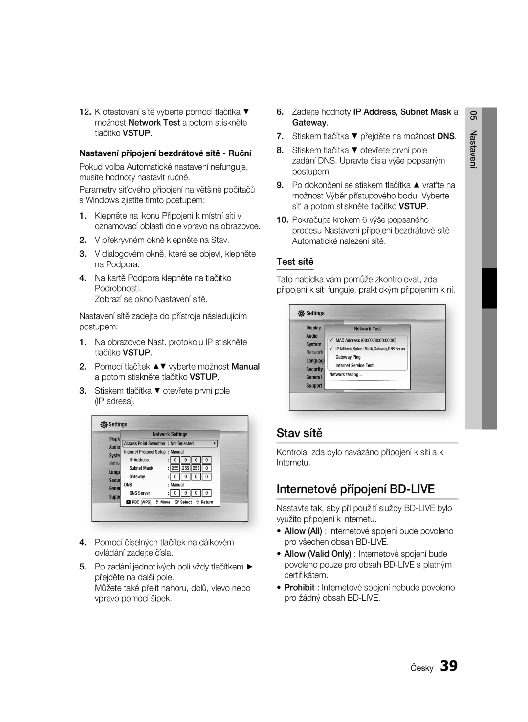 Samsung BD-C5500/XEE manual Stav sítě, Internetové přípojení BD-LIVE, Test sítě, Nastavení připojení bezdrátové sítě Ruční 