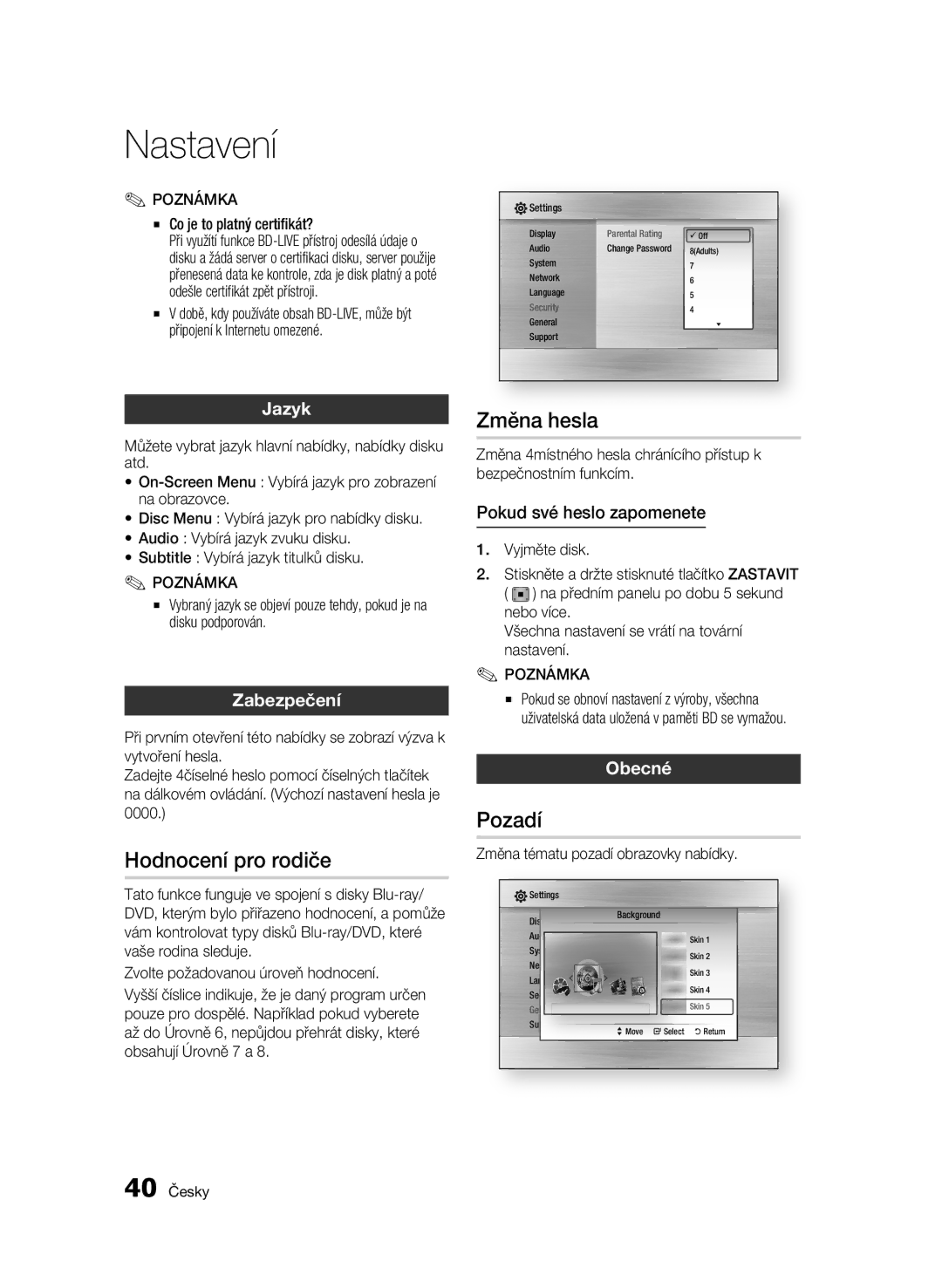 Samsung BD-C5500/XEN, BD-C5500/EDC, BD-C5500/XAA, BD-C5500/XEF, BD-C5500/XEE manual Hodnocení pro rodiče, Změna hesla, Pozadí 