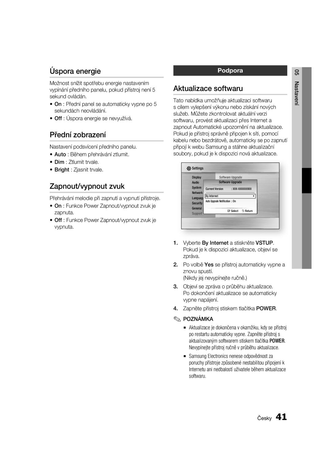 Samsung BD-C5500/EDC, BD-C5500/XEN Úspora energie, Přední zobrazení, Zapnout/vypnout zvuk, Aktualizace softwaru, Podpora 