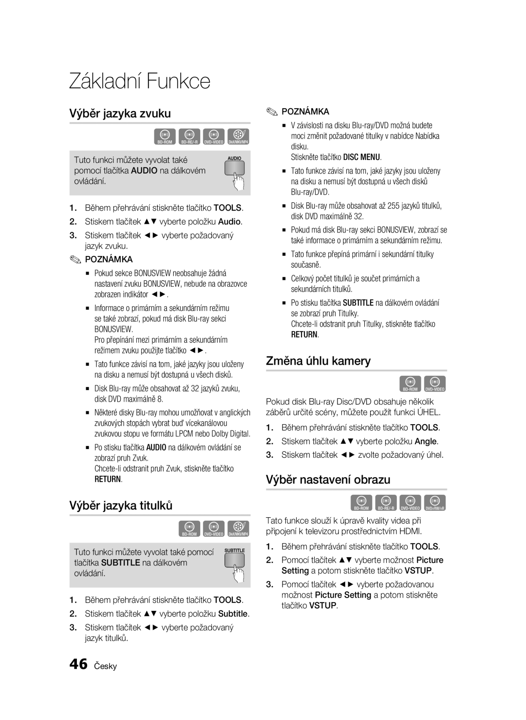 Samsung BD-C5500/EDC, BD-C5500/XEN Výběr jazyka zvuku, Výběr jazyka titulků, Změna úhlu kamery, Výběr nastavení obrazu 