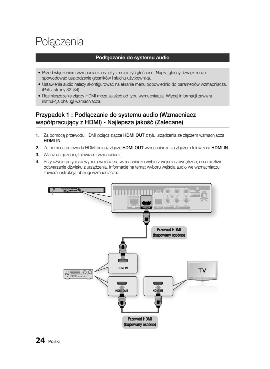 Samsung BD-C5500/XEE, BD-C5500/XEN, BD-C5500/EDC, BD-C5500/XAA, BD-C5500/XEF manual Podłączanie do systemu audio, Hdmi 