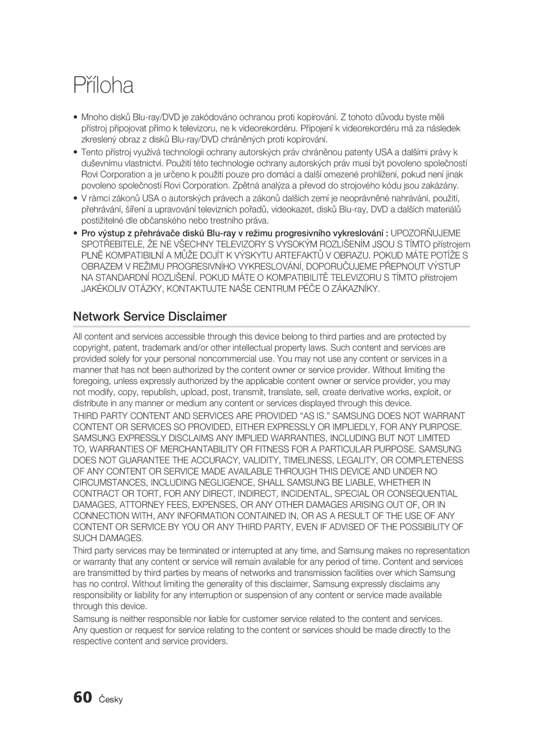 Samsung BD-C5500/XEN, BD-C5500/EDC Network Service Disclaimer, Jakékoliv OTÁZKY, Kontaktujte Naše Centrum Péče O Zákazníky 