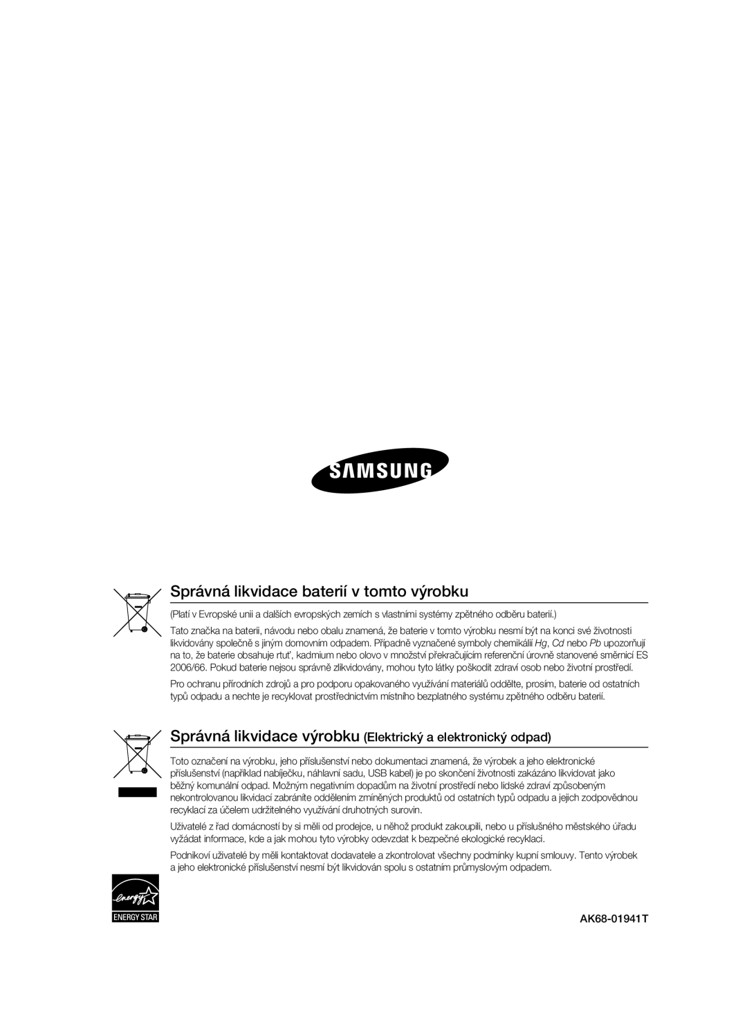 Samsung BD-C5500/XEF Správná likvidace baterií v tomto výrobku, Správná likvidace výrobku Elektrický a elektronický odpad 