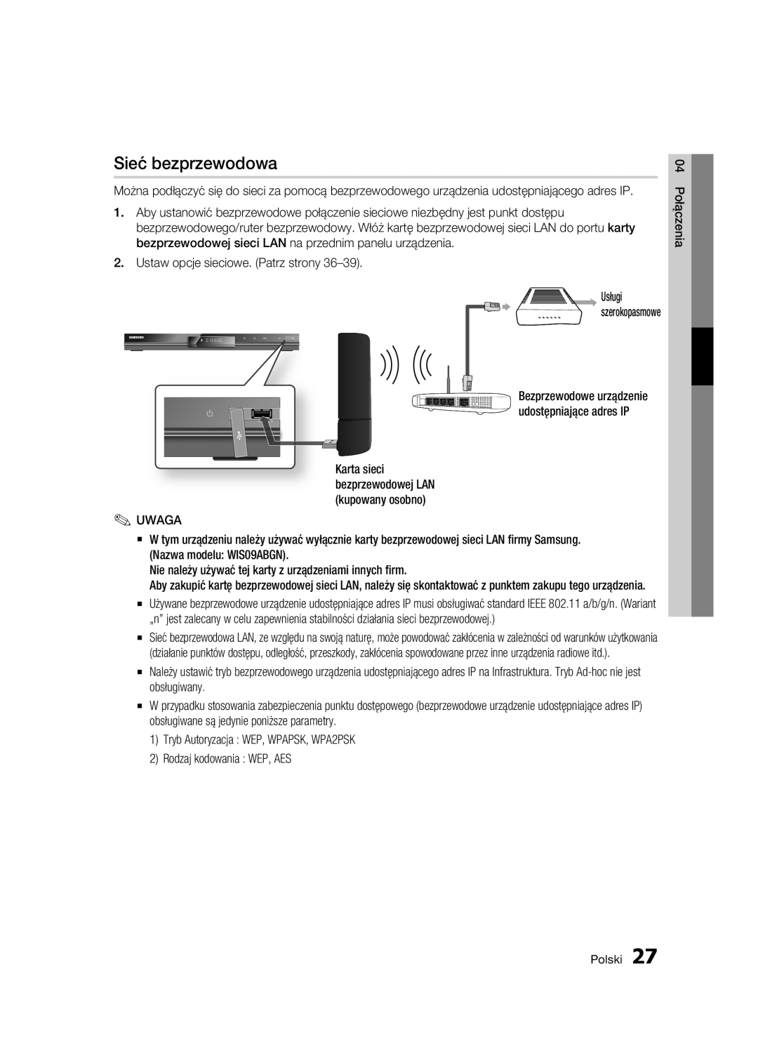 Samsung BD-C5500/XAA, BD-C5500/XEN, BD-C5500/EDC, BD-C5500/XEF, BD-C5500/XEE manual Sieć bezprzewodowa 