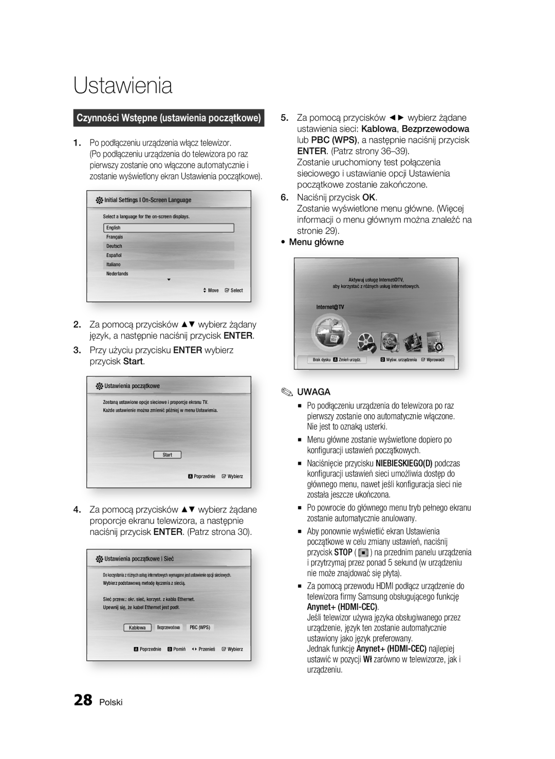 Samsung BD-C5500/XEF, BD-C5500/XEN, BD-C5500/EDC, BD-C5500/XAA manual Ustawienia, Po podłączeniu urządzenia włącz telewizor 