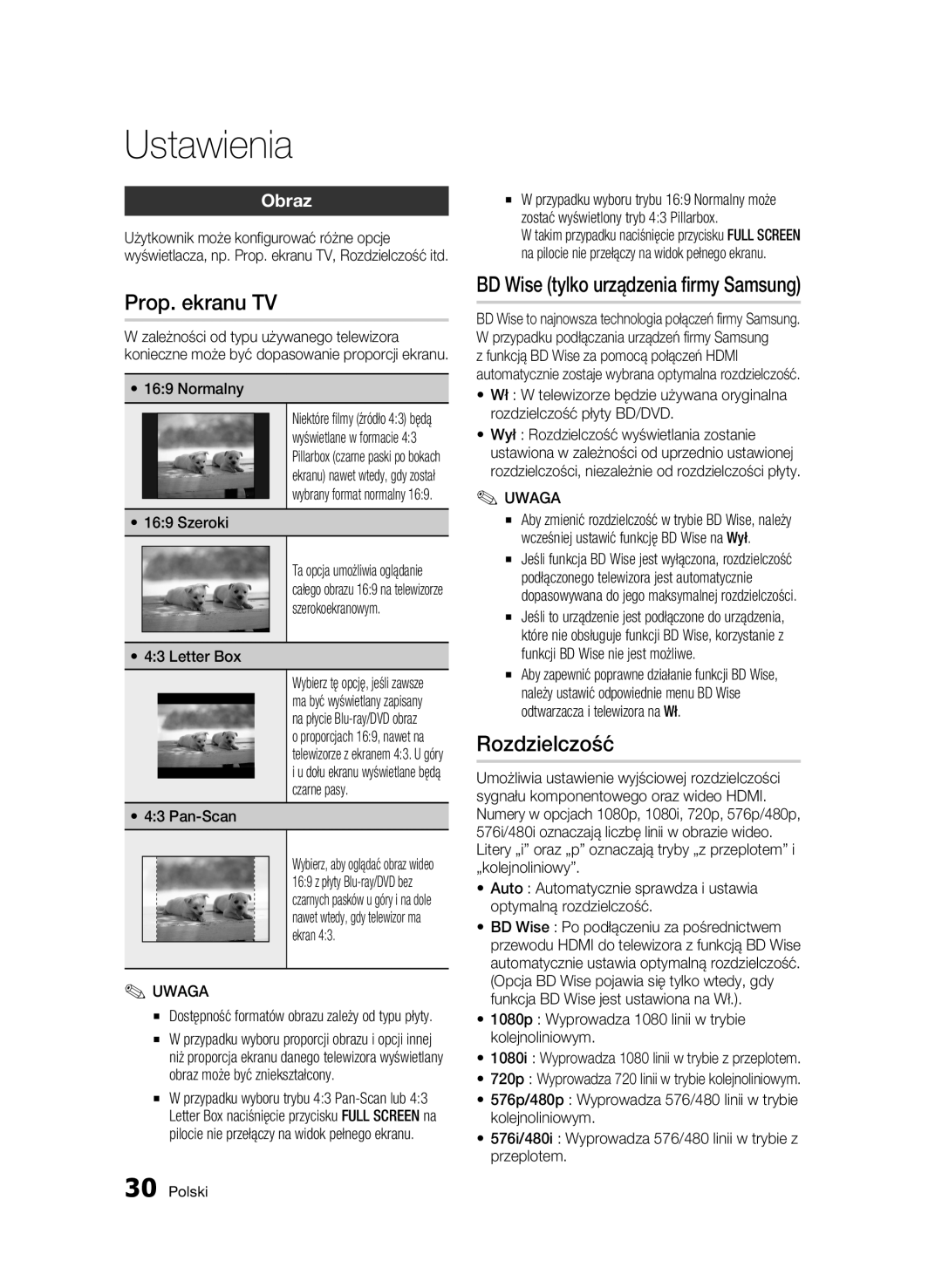 Samsung BD-C5500/XEN, BD-C5500/EDC, BD-C5500/XAA, BD-C5500/XEF, BD-C5500/XEE manual Prop. ekranu TV, Rozdzielczość, Obraz 