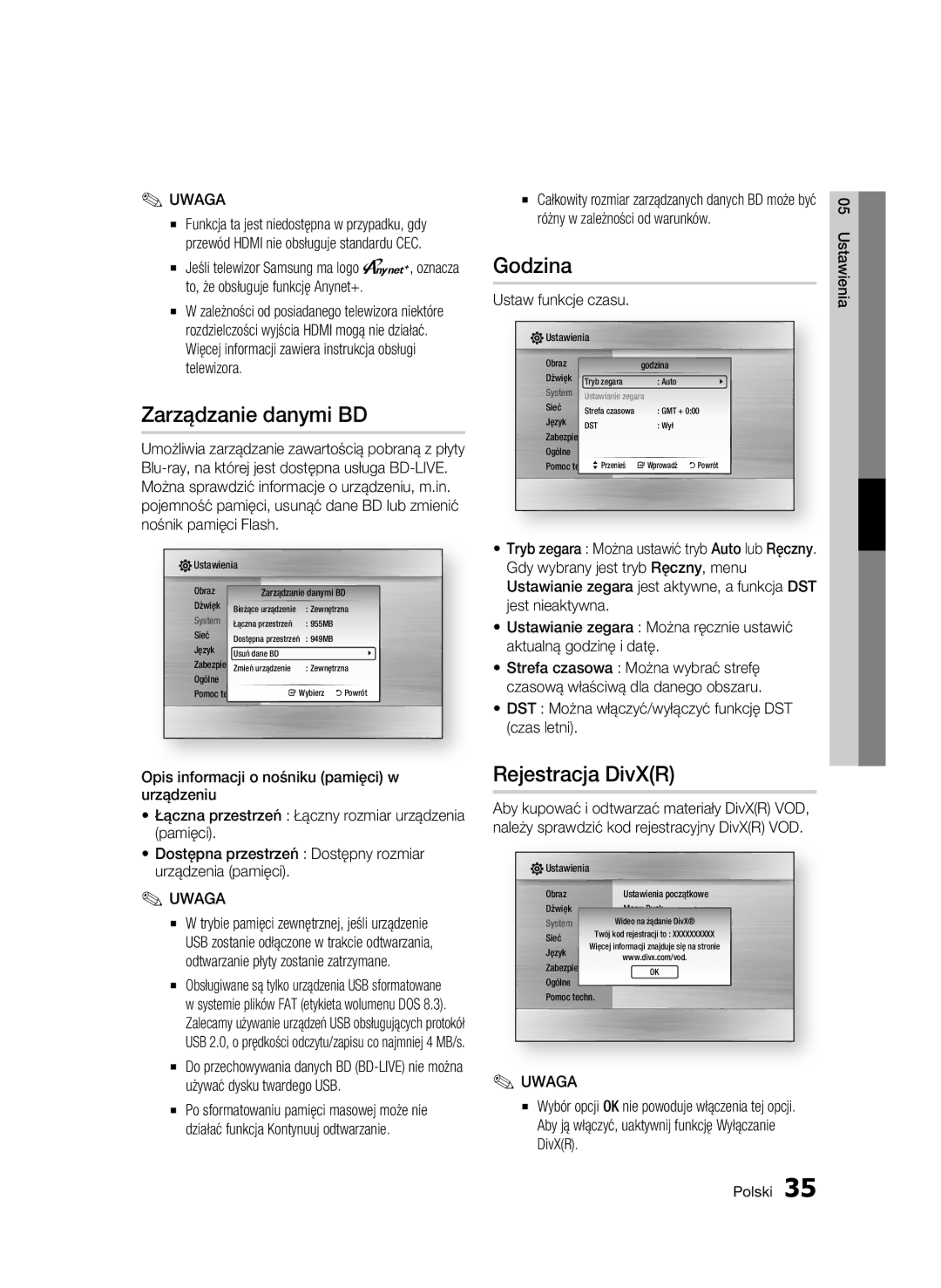 Samsung BD-C5500/XEN, BD-C5500/EDC, BD-C5500/XAA Zarządzanie danymi BD, Godzina, Rejestracja DivXR, Ustaw funkcje czasu 