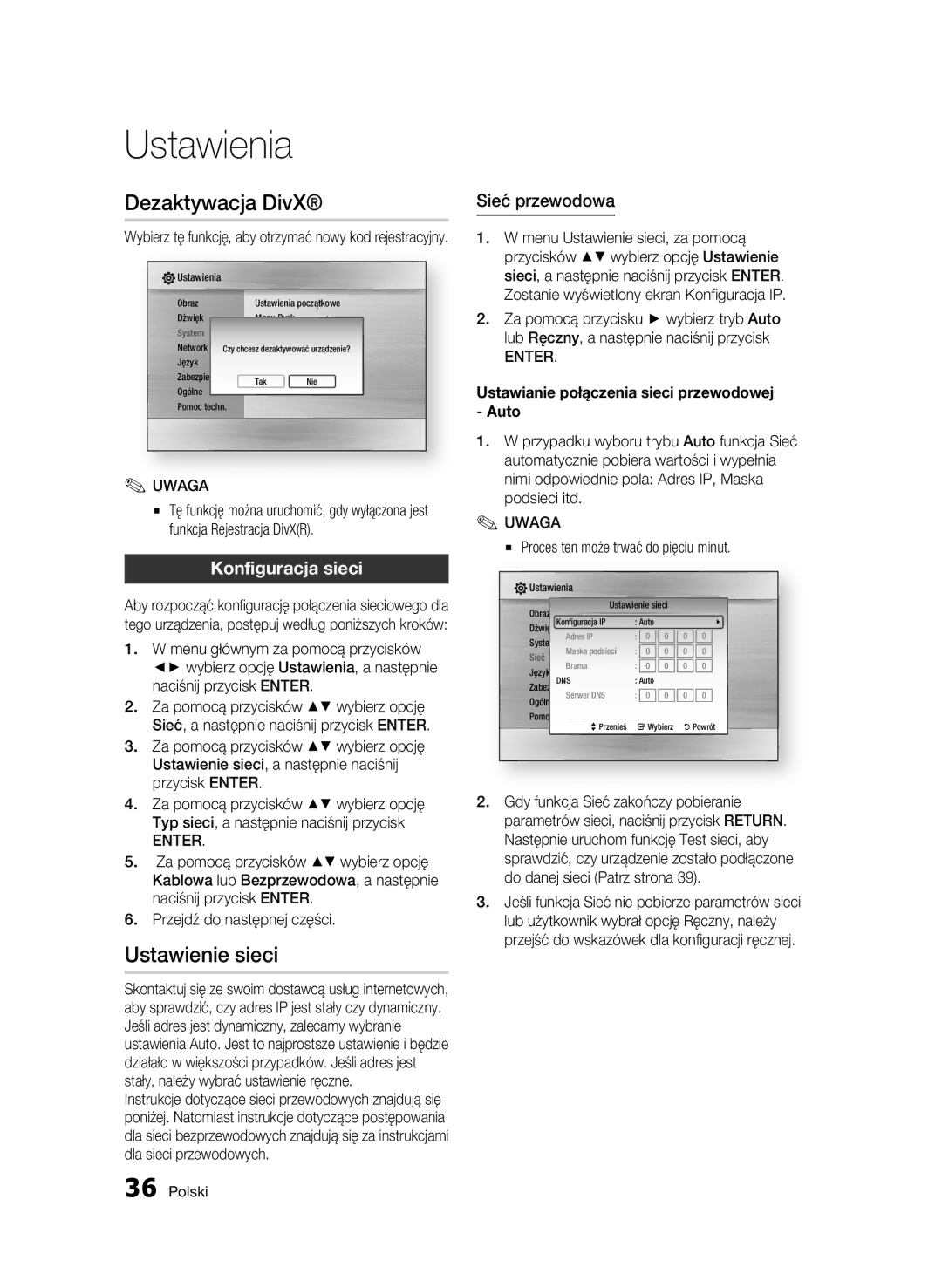 Samsung BD-C5500/EDC, BD-C5500/XEN, BD-C5500/XAA Dezaktywacja DivX, Ustawienie sieci, Konfiguracja sieci, Sieć przewodowa 