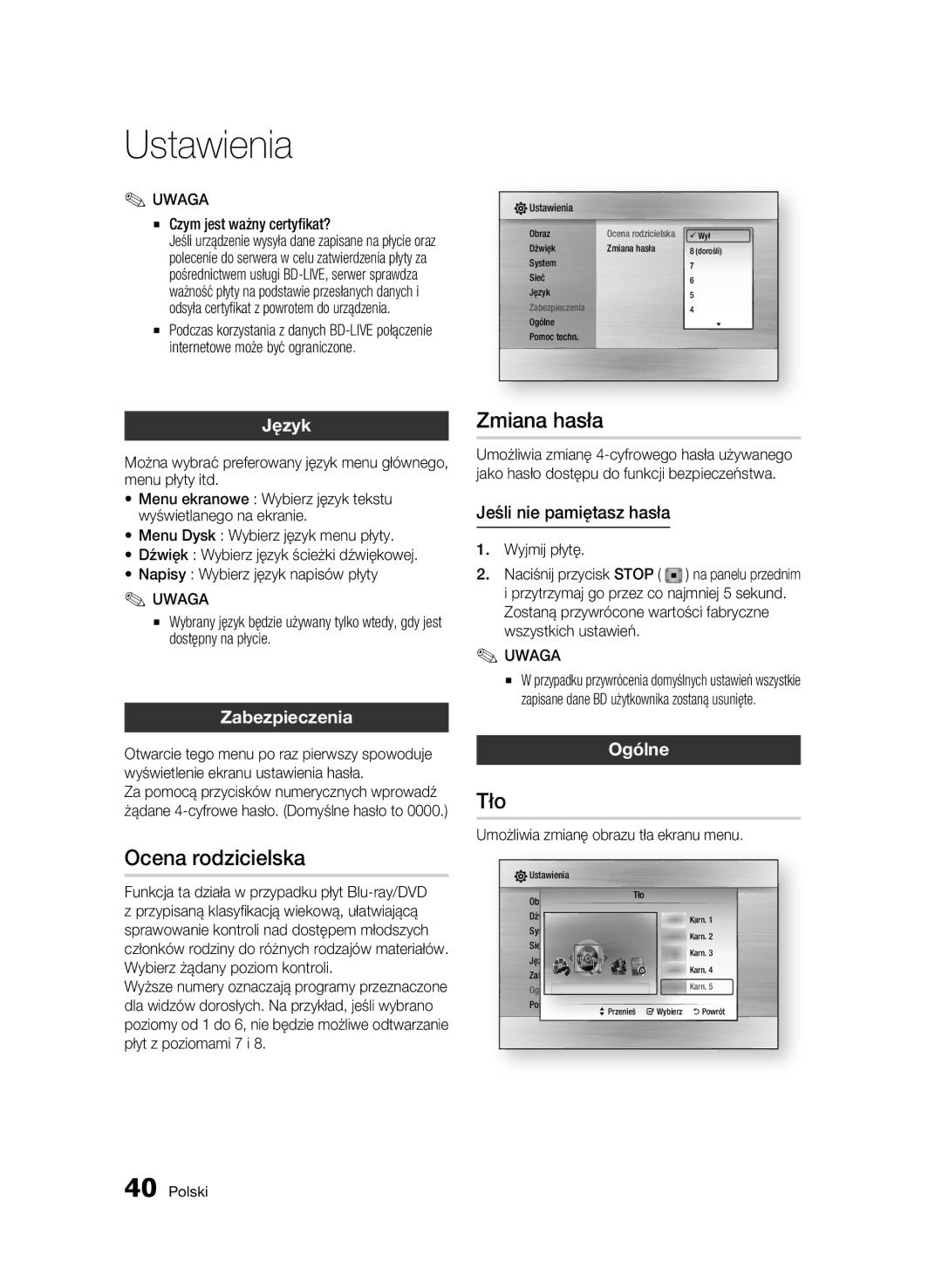 Samsung BD-C5500/XEN, BD-C5500/EDC, BD-C5500/XAA, BD-C5500/XEF, BD-C5500/XEE manual Ocena rodzicielska, Zmiana hasła, Tło 