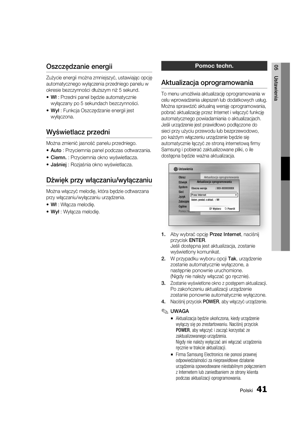 Samsung BD-C5500/EDC manual Oszczędzanie energii, Wyświetlacz przedni, Dźwięk przy włączaniu/wyłączaniu, Pomoc techn 