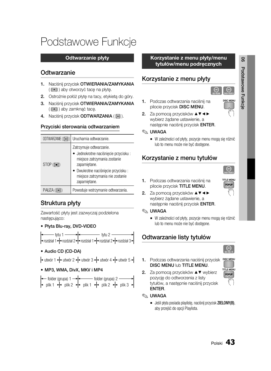 Samsung BD-C5500/XEF, BD-C5500/XEN manual Odtwarzanie, Struktura płyty, Korzystanie z menu płyty, Korzystanie z menu tytułów 