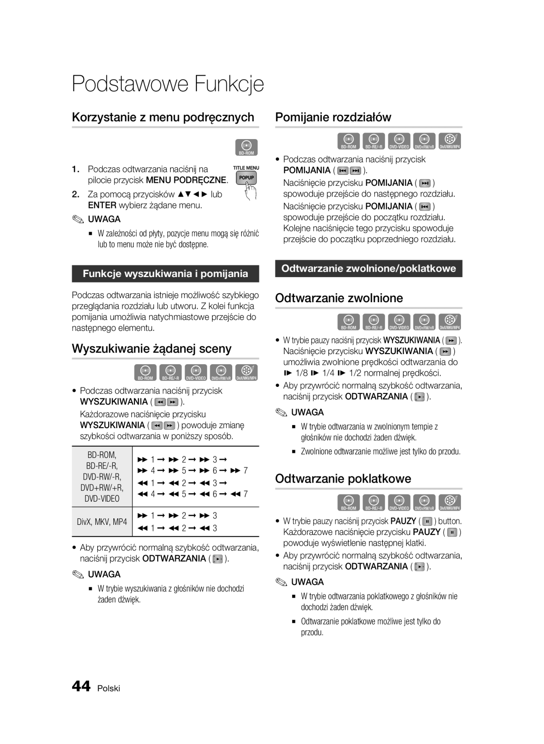 Samsung BD-C5500/XEE, BD-C5500/XEN manual Korzystanie z menu podręcznych, Pomijanie rozdziałów, Wyszukiwanie żądanej sceny 