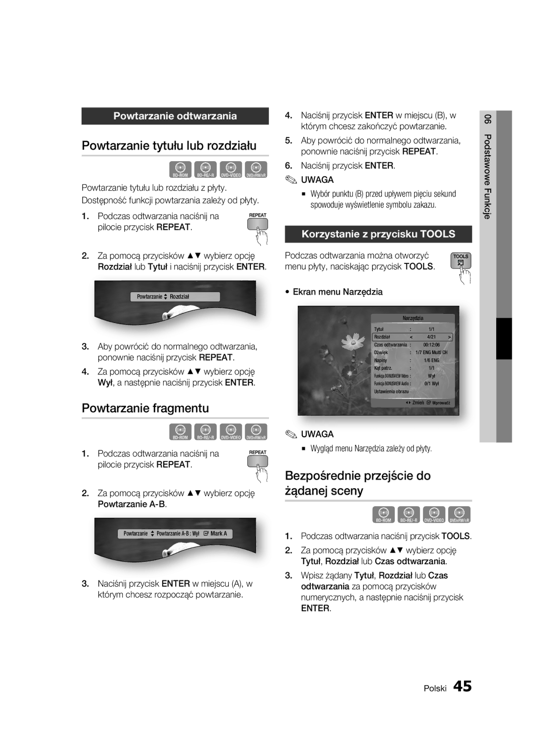 Samsung BD-C5500/XEN Powtarzanie tytułu lub rozdziału, Powtarzanie fragmentu, Bezpośrednie przejście do żądanej sceny 