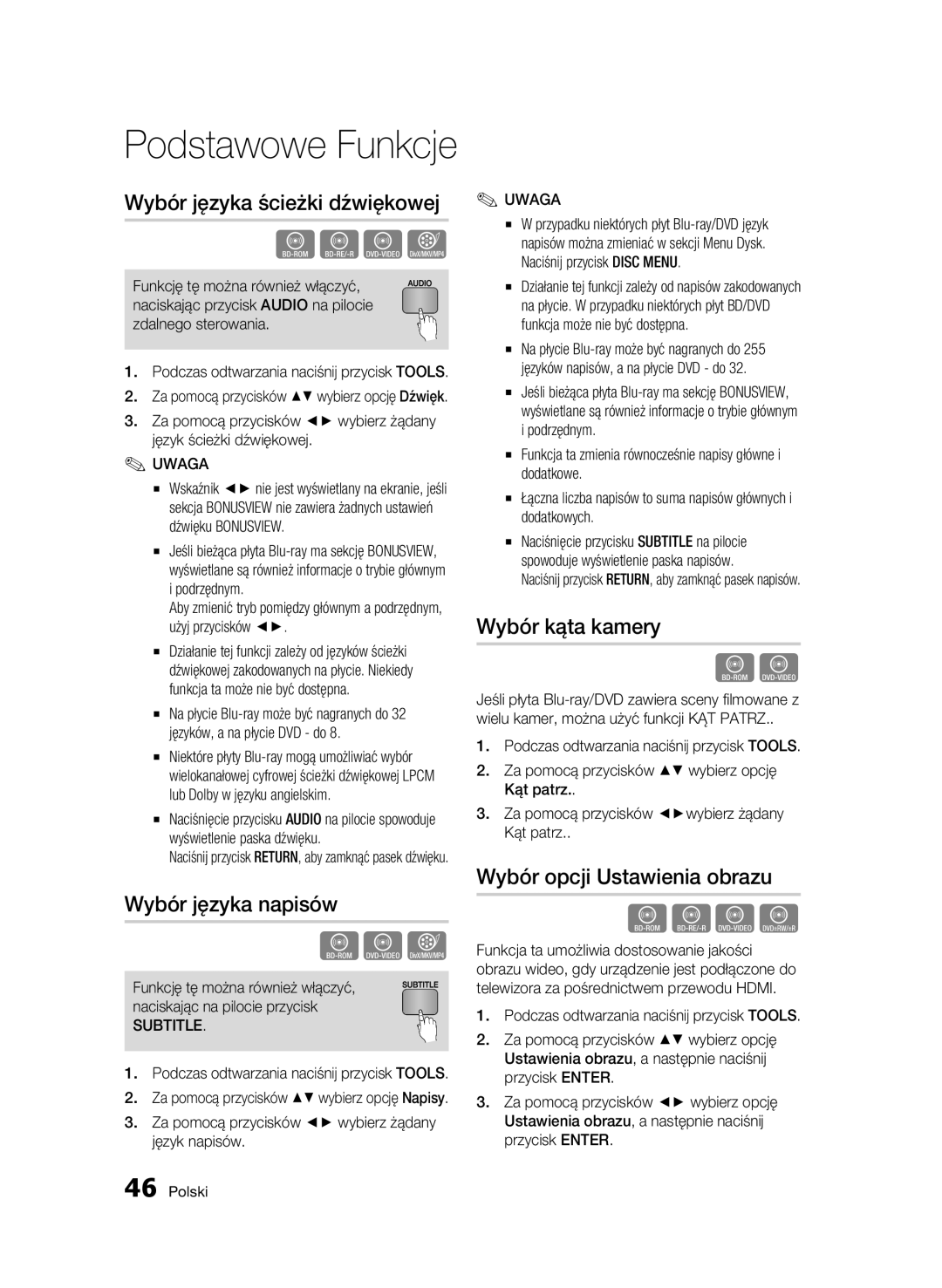 Samsung BD-C5500/EDC, BD-C5500/XEN manual Wybór języka ścieżki dźwiękowej, Wybór języka napisów, Wybór kąta kamery, Subtitle 