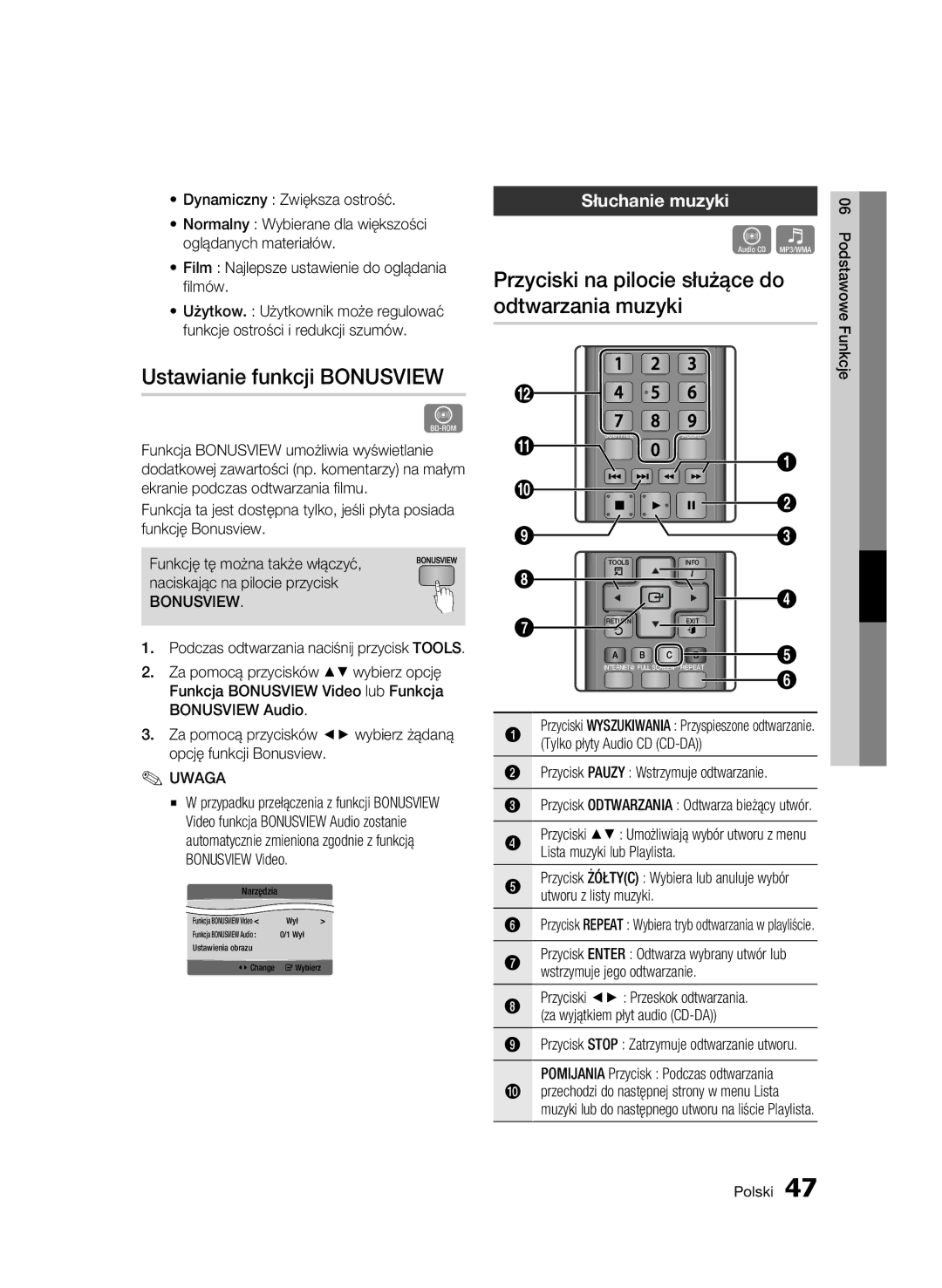 Samsung BD-C5500/XAA Ustawianie funkcji Bonusview, Przyciski na pilocie służące do odtwarzania muzyki, Słuchanie muzyki 